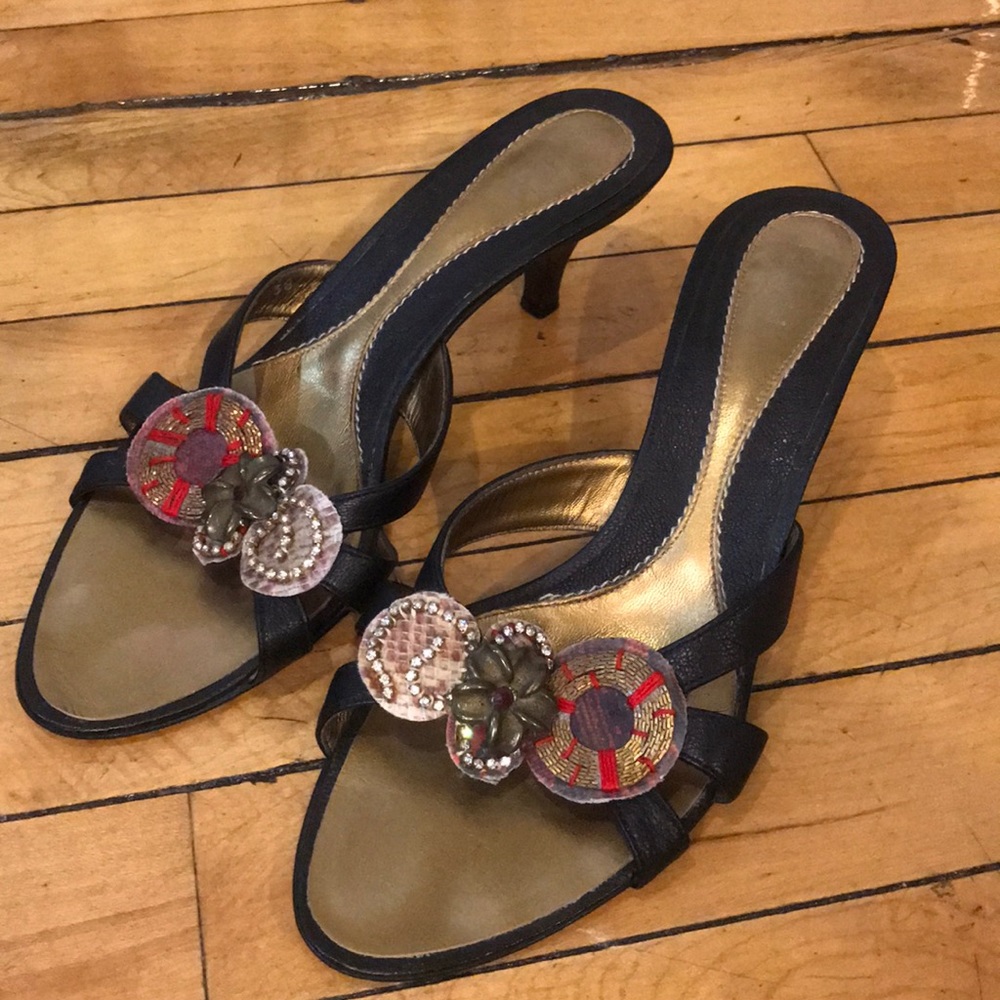 SOLD Baldinini Black and Gold Heels with Embellishments
